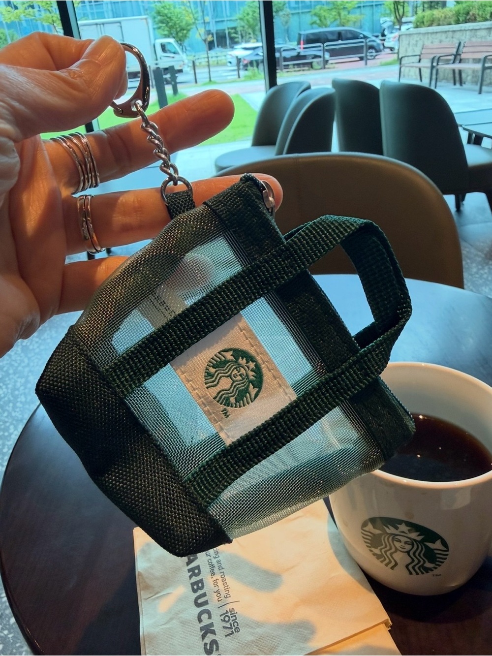 Starbucks Green Mesh Mini Tote Keychain with Logo